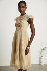 Ginetta Midi Dress - Sleeveless - Pleated Embroidered Design - Butterfly Motif - Cut - out Detail - Rear Zip