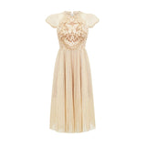 Ginetta Midi Dress - Sleeveless - Pleated Embroidered Design - Butterfly Motif - Cut - out Detail - Rear Zip