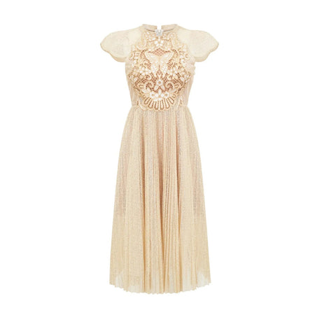 Ginetta Midi Dress - Sleeveless - Pleated Embroidered Design - Butterfly Motif - Cut - out Detail - Rear Zip