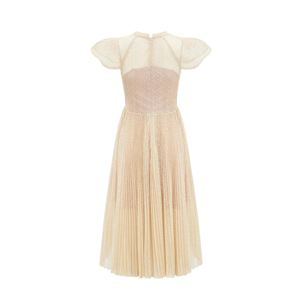 Ginetta Midi Dress - Sleeveless - Pleated Embroidered Design - Butterfly Motif - Cut - out Detail - Rear Zip