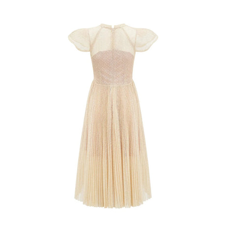 Ginetta Midi Dress - Sleeveless - Pleated Embroidered Design - Butterfly Motif - Cut - out Detail - Rear Zip