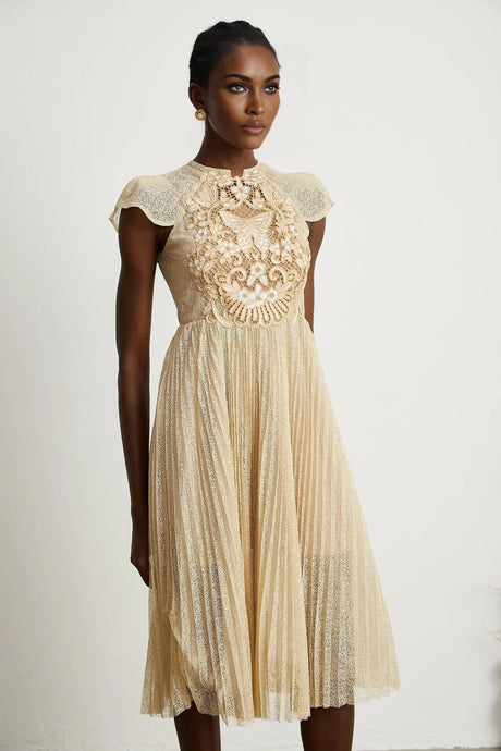 Ginetta Midi Dress - Sleeveless - Pleated Embroidered Design - Butterfly Motif - Cut - out Detail - Rear Zip
