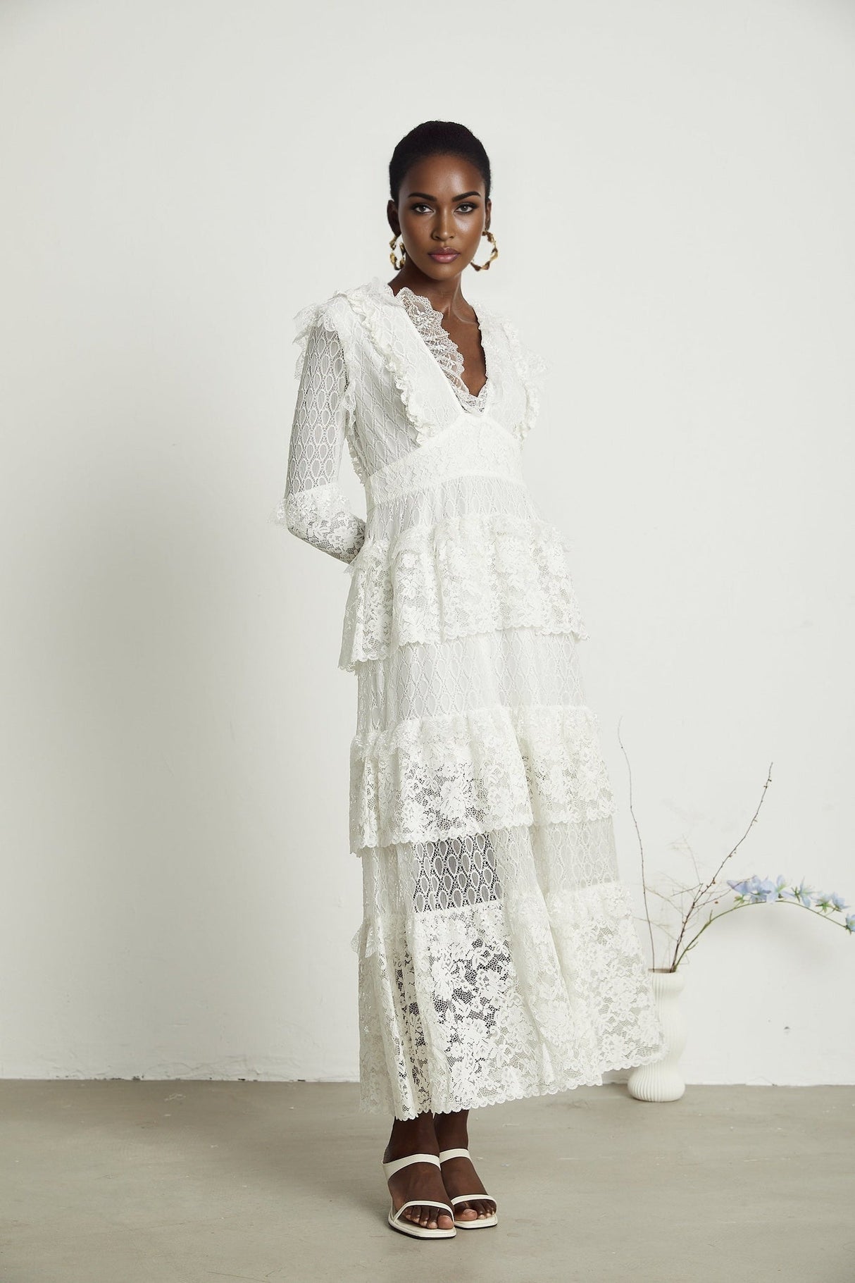 Ginetta Midi Dress - V - Neck Design - Floral Embroidery - Lace Trim - Cut - Out Details