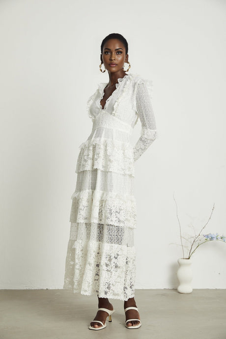 Ginetta Midi Dress - V - Neck Design - Floral Embroidery - Lace Trim - Cut - Out Details