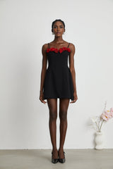 Ginetta Mini Dress - Sleeveless Spaghetti Strap Bustier Style Faux - Flower Embellishment Zip Fastening