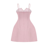 Ginetta Mini Dress - Sleeveless Spaghetti Strap Bustier Style Faux - Flower Embellishment Zip Fastening