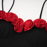 Ginetta Mini Dress - Sleeveless Spaghetti Strap Bustier Style Faux - Flower Embellishment Zip Fastening