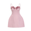 Ginetta Mini Dress - Sleeveless Spaghetti Strap Bustier Style Faux - Flower Embellishment Zip Fastening