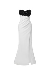 Ginetta White Beaded Strapless Evening Dress with Slit