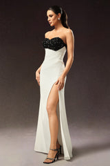 Ginetta White Beaded Strapless Evening Dress with Slit