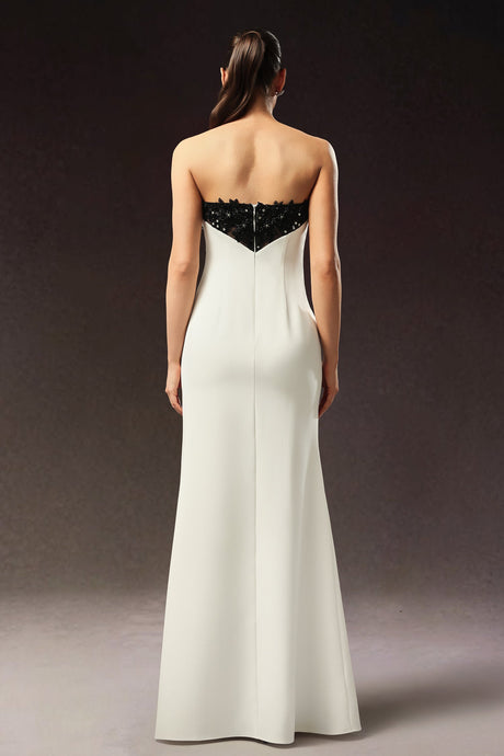 Ginetta White Beaded Strapless Evening Dress with Slit for Glamorous Occasions