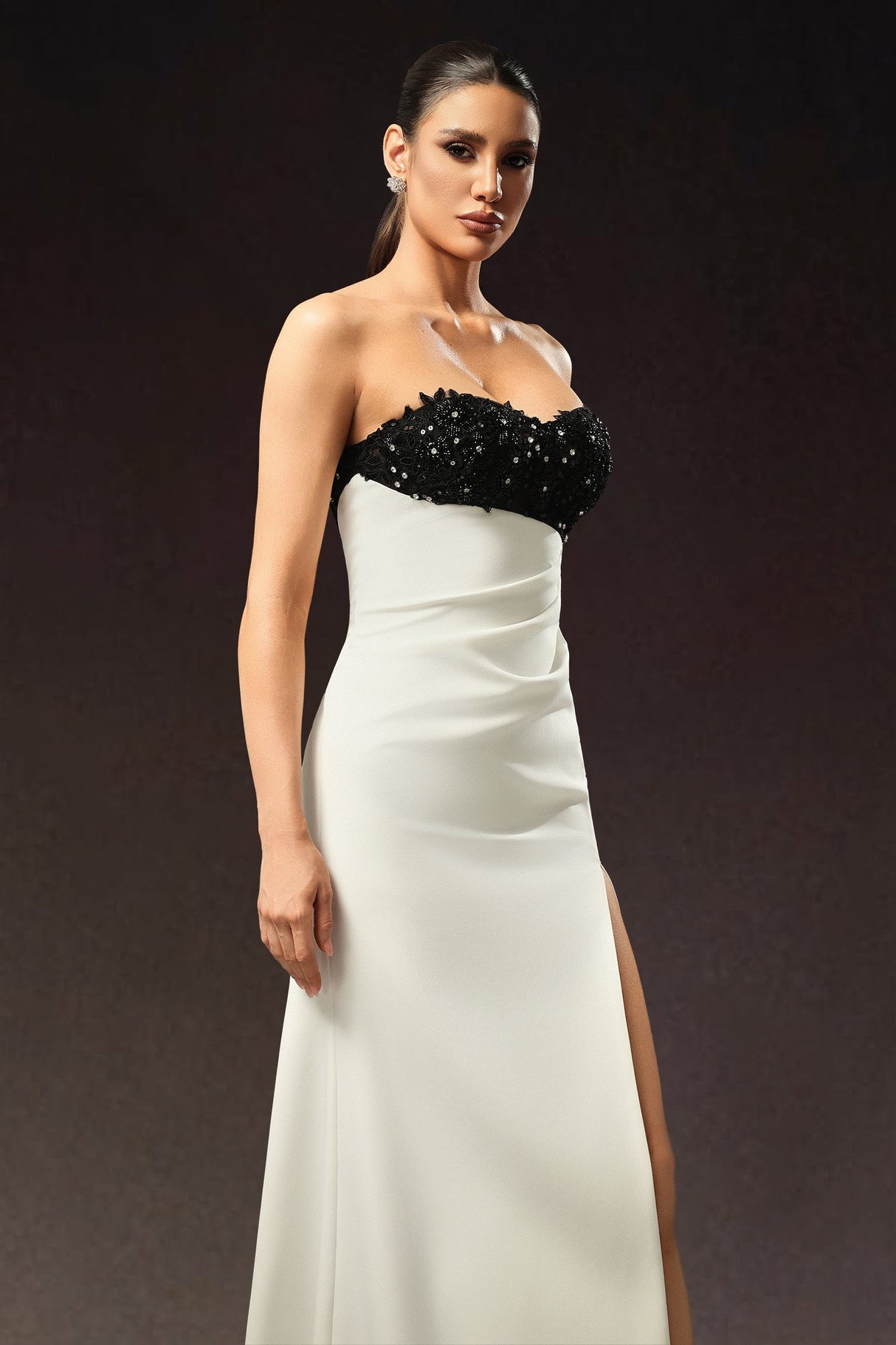 Ginetta White Beaded Strapless Evening Dress with Slit
