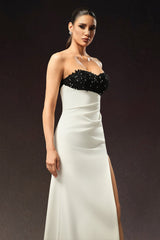 Ginetta White Beaded Strapless Evening Dress with Slit