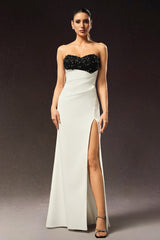 Ginetta White Beaded Strapless Evening Dress with Slit