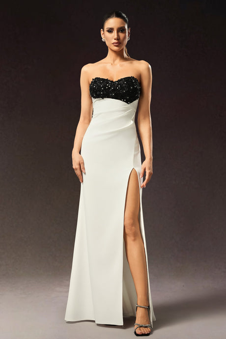 Ginetta White Beaded Strapless Evening Dress with Slit