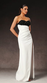 Ginetta White Strapless Beaded Evening Dress with Slit
