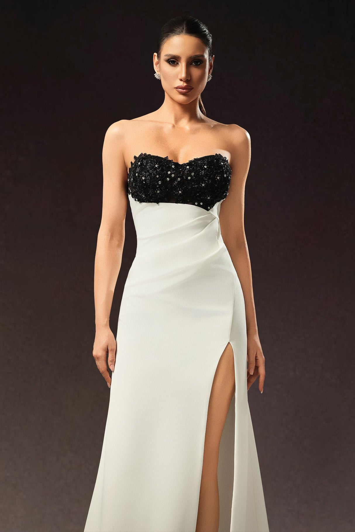 Ginetta White Strapless Beaded Evening Dress with Slit