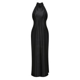 Ginevra black halterneck fauxpearl satin maxi dress