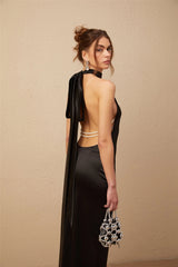Ginevra black halterneck fauxpearl satin maxi dress