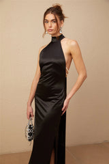 Ginevra black halterneck fauxpearl satin maxi dress
