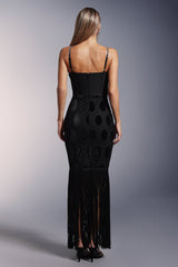 Ginevra Black Lace Diamond Embellished Fitted Dress with Tassel Hem and Spaghetti Straps