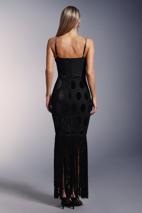 Ginevra Black Lace Diamond Embellished Fitted Dress with Tassel Hem and Spaghetti Straps