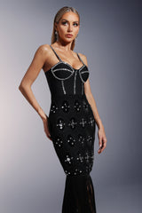 Ginevra Black Lace Diamond Embellished Fitted Dress with Tassel Hem and Spaghetti Straps