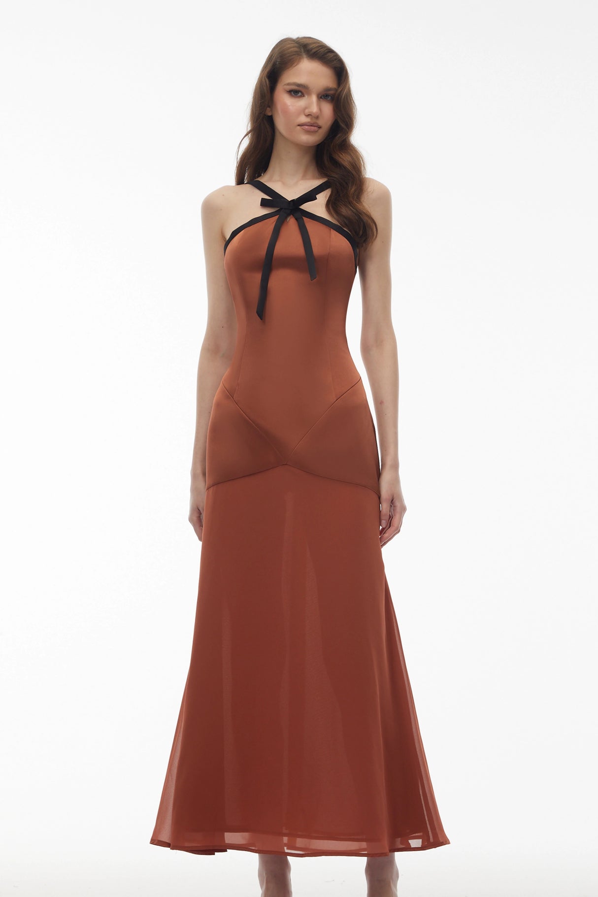 Ginevra Brown Halterneck Maxi Dress with Bow