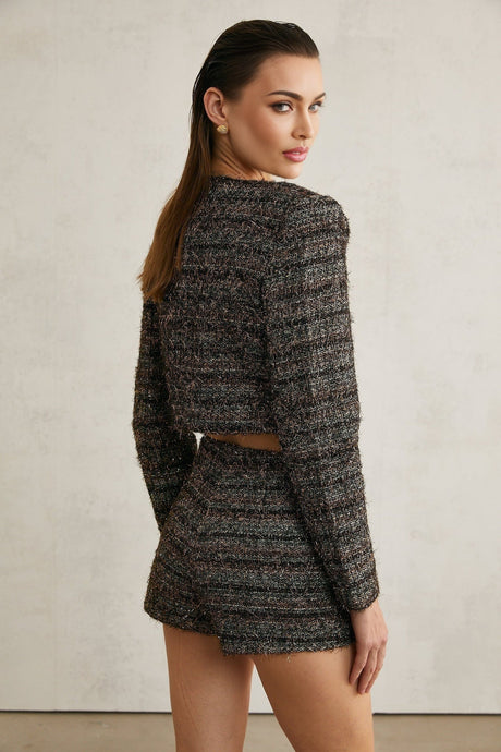 Ginevra Jacket – Cropped Tweed – Metallic Thread – Embossed Buttons – Round Neck