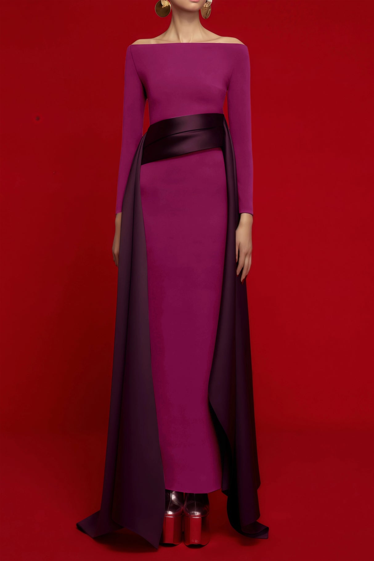 Ginevra Magenta Draped Stain Panel Maxi Gown