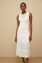 Ginevra Midi Dress - Round Neck - Sleeveless - Fitted Waistline - Crochet Knit - Pointelle Trim