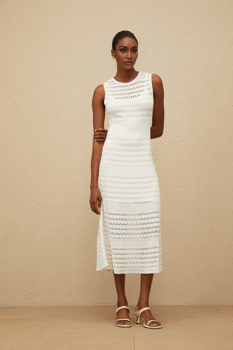 Ginevra Midi Dress - Round Neck - Sleeveless - Fitted Waistline - Crochet Knit - Pointelle Trim