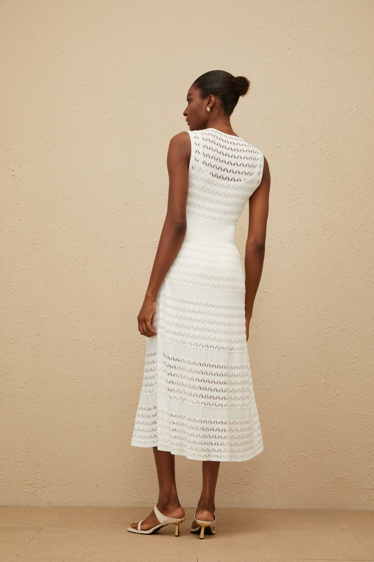 Ginevra Midi Dress - Round Neck - Sleeveless - Fitted Waistline - Crochet Knit - Pointelle Trim
