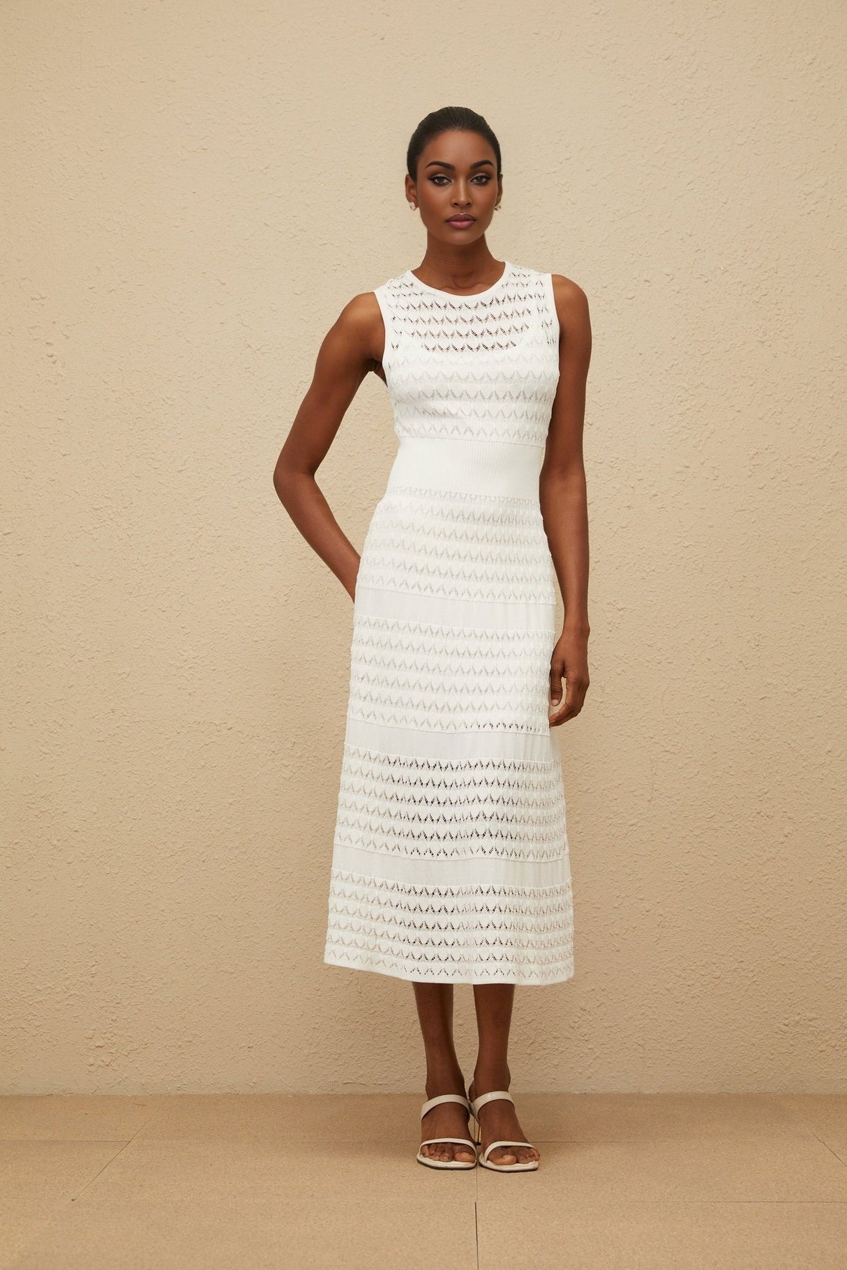 Ginevra Midi Dress - Round Neck - Sleeveless - Fitted Waistline - Crochet Knit - Pointelle Trim