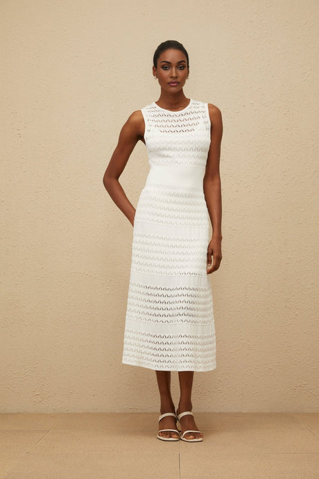 Ginevra Midi Dress - Round Neck - Sleeveless - Fitted Waistline - Crochet Knit - Pointelle Trim