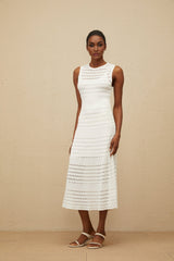 Ginevra Midi Dress - Round Neck - Sleeveless - Fitted Waistline - Crochet Knit - Pointelle Trim