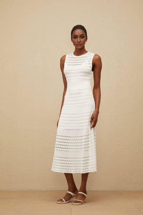 Ginevra Midi Dress - Round Neck - Sleeveless - Fitted Waistline - Crochet Knit - Pointelle Trim