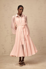 Ginevra Midi Dress - Semi - Sheer Construction - Balloon Sleeves - Tied Waist - Faux - Pearl Embellishment