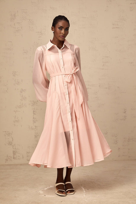 Ginevra Midi Dress - Semi - Sheer Construction - Balloon Sleeves - Tied Waist - Faux - Pearl Embellishment