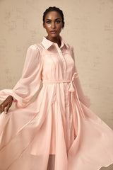 Ginevra Midi Dress - Semi - Sheer Construction - Balloon Sleeves - Tied Waist - Faux - Pearl Embellishment