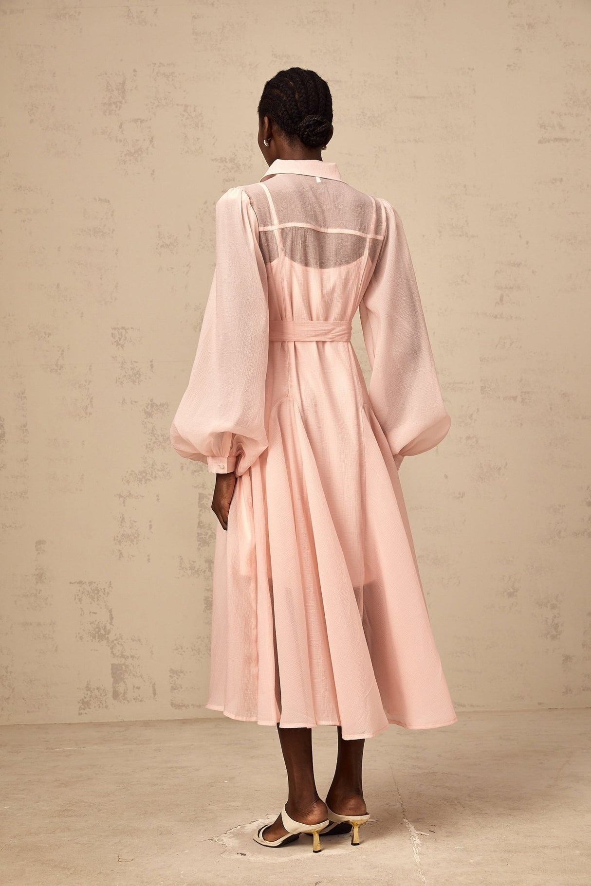 Ginevra Midi Dress - Semi - Sheer Construction - Balloon Sleeves - Tied Waist - Faux - Pearl Embellishment