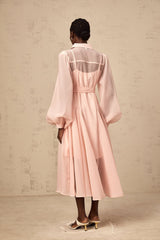Ginevra Midi Dress - Semi - Sheer Construction - Balloon Sleeves - Tied Waist - Faux - Pearl Embellishment