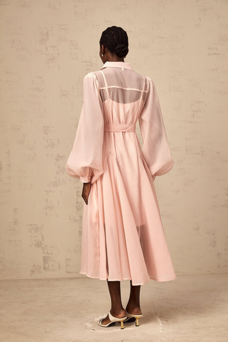 Ginevra Midi Dress - Semi - Sheer Construction - Balloon Sleeves - Tied Waist - Faux - Pearl Embellishment