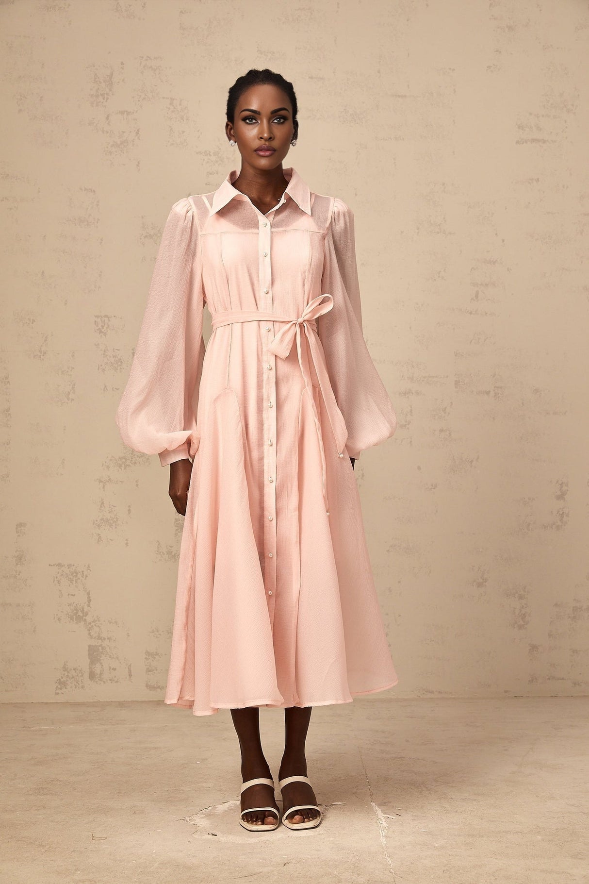 Ginevra Midi Dress - Semi - Sheer Construction - Balloon Sleeves - Tied Waist - Faux - Pearl Embellishment