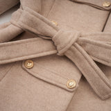 Ginevra Mock Neck Cape Coat – Detachable Scarf – Faux Fur Trim – Gold Buttons – Elegant Long Sleeve Design