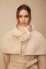 Ginevra Mock Neck Cape Coat – Detachable Scarf – Faux Fur Trim – Gold Buttons – Elegant Long Sleeve Design
