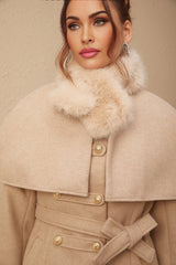 Ginevra Mock Neck Cape Coat – Detachable Scarf – Faux Fur Trim – Gold Buttons – Elegant Long Sleeve Design