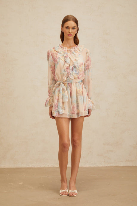 Ginevra Playsuit - Floral Ruffled Chiffon Thigh - Length - Belted - Elasticated