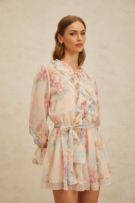 Ginevra Playsuit - Floral Ruffled Chiffon Thigh - Length - Belted - Elasticated