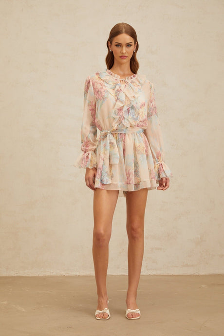 Ginevra Playsuit - Floral Ruffled Chiffon Thigh - Length - Belted - Elasticated